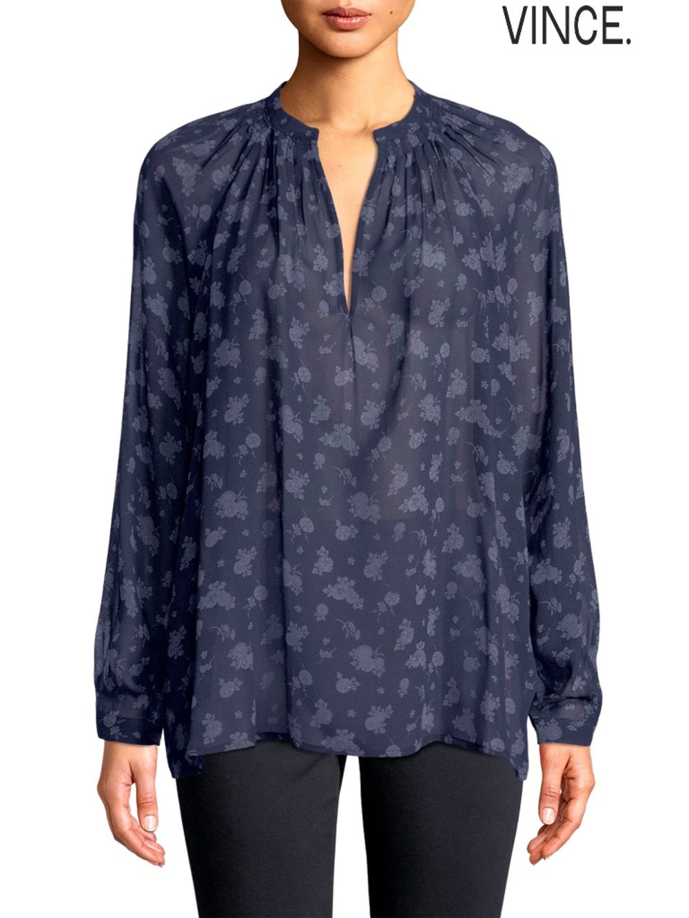 VINCE WOMEN NWT CALICO 100% SILK FLORAL SHIRED NECK COASTAL BLUE BLOUSE. SIZE S